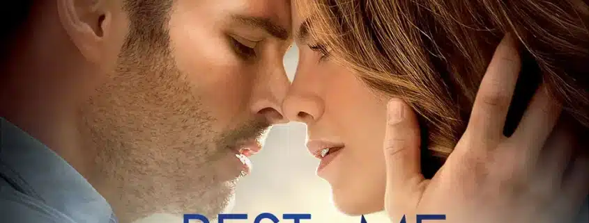 Movie cover for "The Best of Me" showing a close-up of two people embracing, with one hand gently touching the other’s hair. The title appears in large blue text at the bottom.