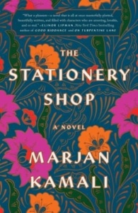 Book cover for "The Stationery Shop" by Marjan Kamali featuring a vibrant floral design with orange and pink flowers on a dark blue background. The title and author’s name are prominently displayed in white and yellow text.