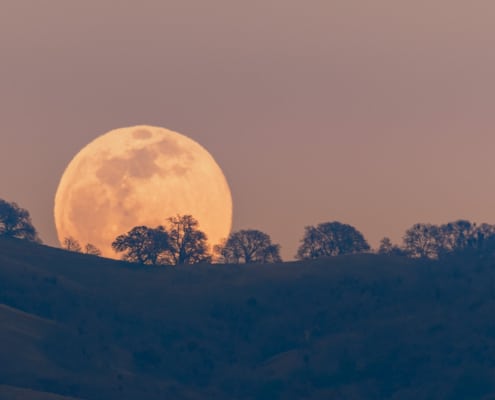 Full moon rising from behind a hill in the Diablo Mountain Range, in South San Francisco Bay Area, San Jose, California