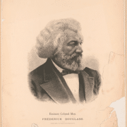 Black and white illustration of Frederick Douglass with white long hair, black suit and bowtie, and crisp white shirt.