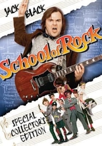 Movie cover for School of Rock featuring a musician holding an electric guitar with energetic handwritten-style text and a group of children in school uniforms at the bottom.