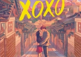 Illustrated cover for XOXO showing a couple embracing and kissing in the middle of a quiet street lined with traditional Korean buildings at sunset.