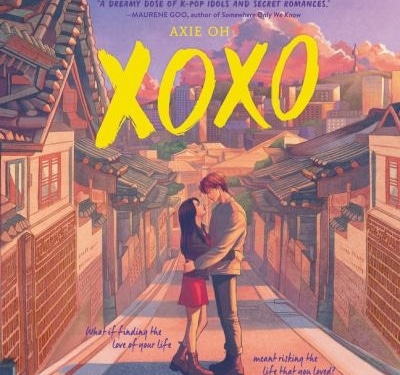 Illustrated cover for XOXO showing a couple embracing and kissing in the middle of a quiet street lined with traditional Korean buildings at sunset.
