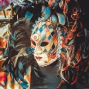 Elaborate mask with dimond pattern on face and colorful feathers as hair