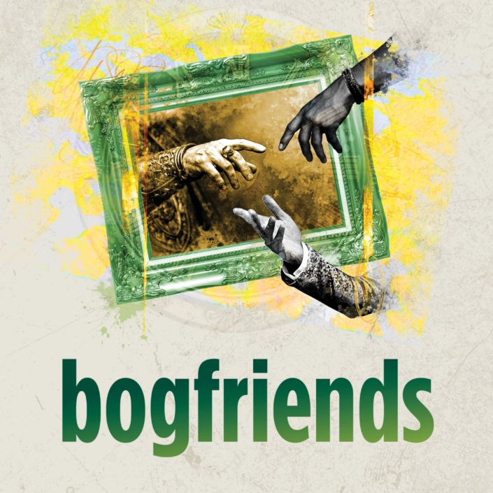 A graphic featuring three hands reaching toward each other through a green picture frame. Green text below reads “bogfriends.”