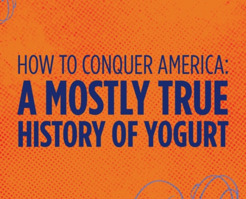 Orange background with blue text as show title