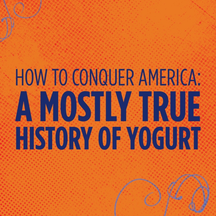 Orange background with blue text as show title