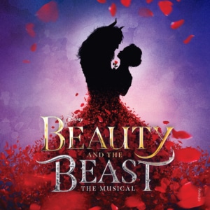 A graphic showing the silhouettes of Beauty and the Beast standing close together, surrounded by swirling red rose petals. The background is a soft blend of purple and pink. Below them, large ornate text reads Disney Beauty and the Beast: The Musical.