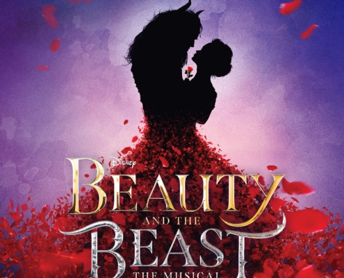 A graphic showing the silhouettes of Beauty and the Beast standing close together, surrounded by swirling red rose petals. The background is a soft blend of purple and pink. Below them, large ornate text reads Disney Beauty and the Beast: The Musical.