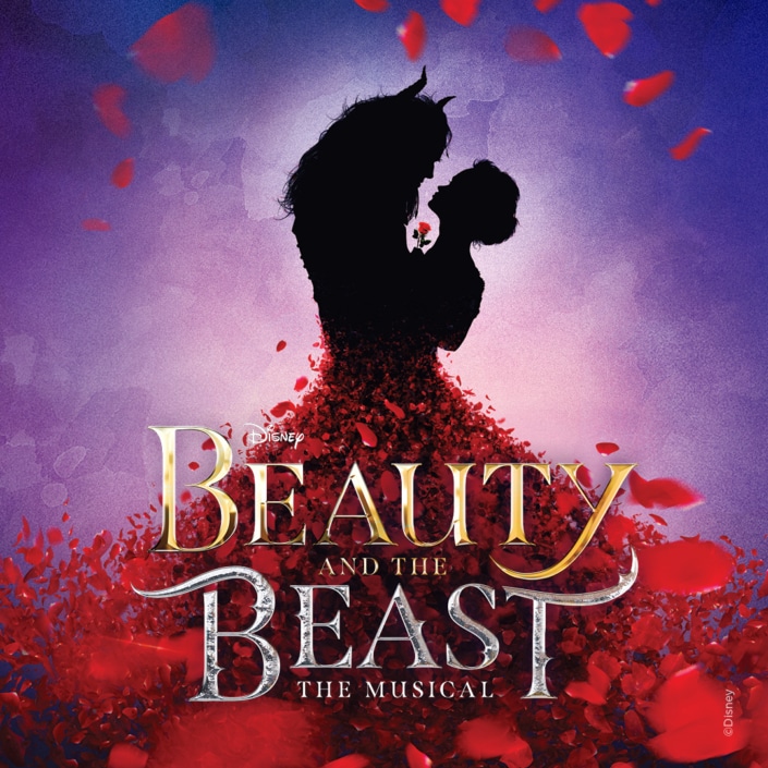 A graphic showing the silhouettes of Beauty and the Beast standing close together, surrounded by swirling red rose petals. The background is a soft blend of purple and pink. Below them, large ornate text reads Disney Beauty and the Beast: The Musical.