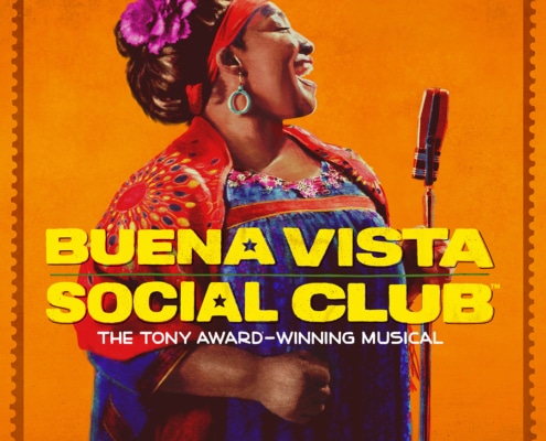 A graphic featuring a performer in vibrant, colorful Cuban attire standing beside a vintage-style microphone, set against a warm orange background. Yellow block text reads Buena Vista Social Club: The Tony Award–Winning Musical