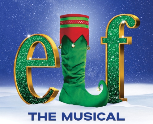 A graphic for Elf the Musical featuring the word ‘elf’ with sparkling green and gold letters, and a large green elf shoe with a curled toe replacing the letter ‘L,’ set against a snowy, starry backdrop.”