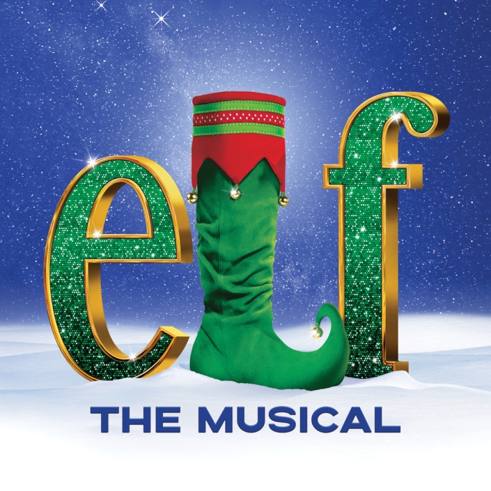 A graphic for Elf the Musical featuring the word ‘elf’ with sparkling green and gold letters, and a large green elf shoe with a curled toe replacing the letter ‘L,’ set against a snowy, starry backdrop.”