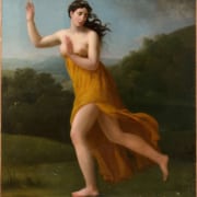 Colorful painting of Eurydice. She has long brown wavy hair with a wreath of flowers and is draped below her breasts with a mustard-yellow gown. She is running forward but looking backward.