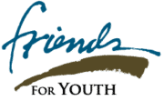 Friends for Youth logo with the word ‘friends’ in blue script above a brown brushstroke and the words ‘For Youth’ below.”