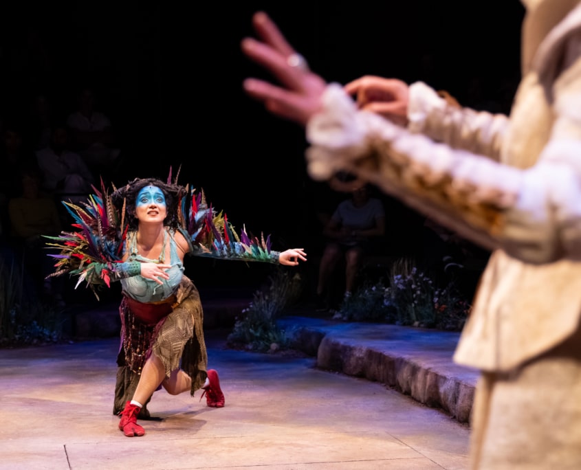 A performer with blue face paint and a costume adorned with colorful feather details kneels onstage and reaches toward another performer partially visible in the foreground.