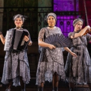 Three performers in matching patterned dresses stand side by side, each holding a musical instrument or prop—an accordion, a fan, and a violin—against colorful stage lighting.