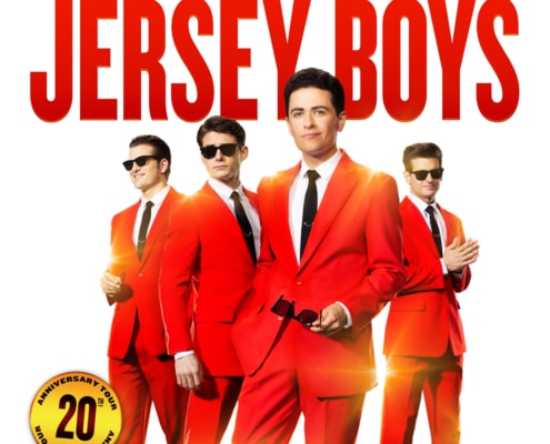 A graphic showing four performers in matching bright red suits posed in front of bold red title text that reads ‘Working Their Way Back to You — Jersey Boys,’ with a gold badge marking the 20th anniversary tour.