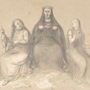 Illustration of three robed figures seated on clouds, each holding and working with a single thread: one spinning fiber, one measuring the thread, and one drawing it out, depicted in a classical style with delicate linework.