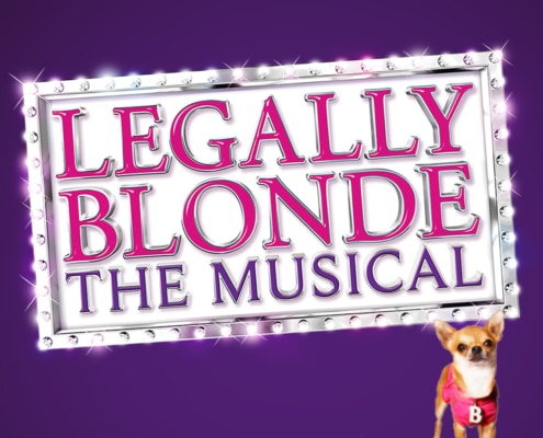 A graphic Legally with a marquee-style title sign on a purple background that reads Blonde The Musical in pink and purple text and a small Chihuahua wearing a pink outfit with a letter ‘B.’