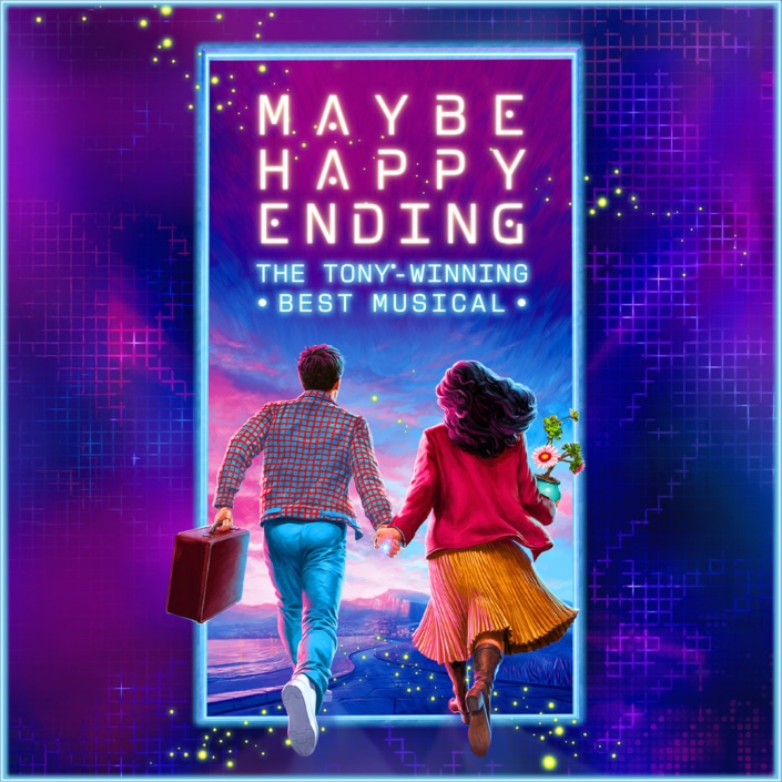A graphic showing two people dancing closely in front of a vibrant, futuristic backdrop of neon lights and digital patterns. Neon letters read Maybe Happy Ending: The Tony-Winning Best Musical