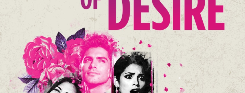 A graphic with three grayscale portraits of two woman and a man framed by bright pink roses. Bold purple and pink text above reads “DESTINY OF DESIRE.”