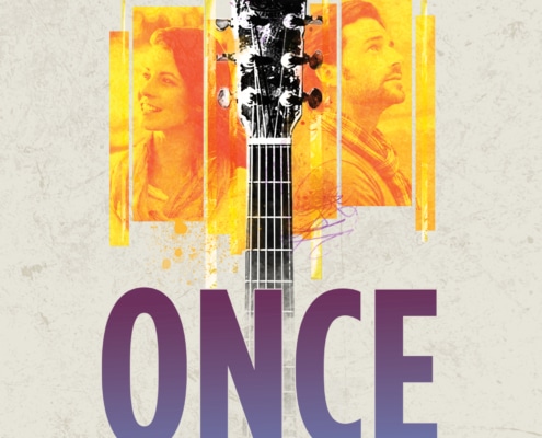 A graphic featuring a vertical acoustic guitar centered between grayscale portraits of a man and a woman. Large gradient text at the bottom reads “ONCE.”