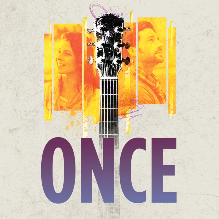 A graphic featuring a vertical acoustic guitar centered between grayscale portraits of a man and a woman. Large gradient text at the bottom reads “ONCE.”