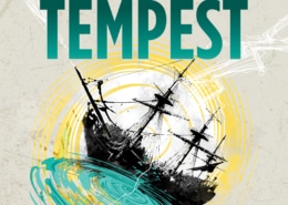 A graphic featuring an illustration of a ship tilted in rough ocean waves, surrounded by swirling yellow and teal circles. Large text at the top reads “THE TEMPEST.”