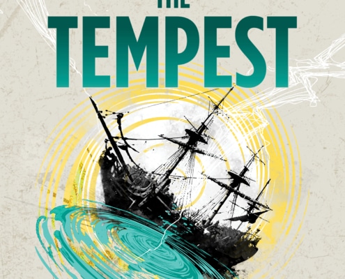 A graphic featuring an illustration of a ship tilted in rough ocean waves, surrounded by swirling yellow and teal circles. Large text at the top reads “THE TEMPEST.”