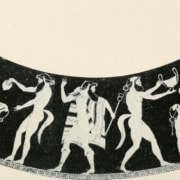 Ancient Greek vase illustration showing a curved frieze of stylized human and satyr-like figures dancing and interacting in various dynamic poses against a dark background
