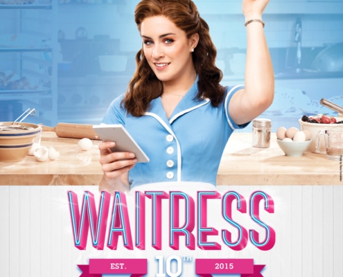 A graphic featuring a woman in a blue diner uniform holding a notepad in a bright kitchen setting, pink text that reads Waitress: 10th Anniversary with the anniversary badge incorporated