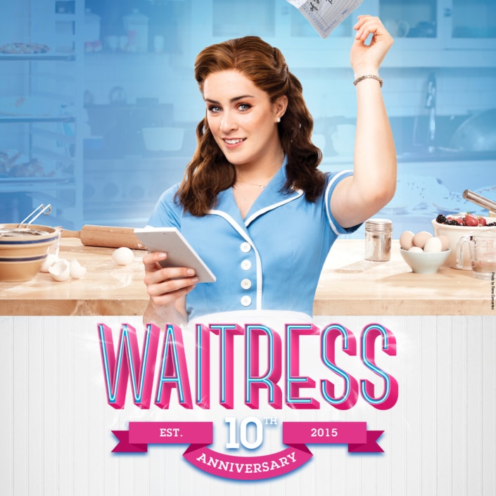A graphic featuring a woman in a blue diner uniform holding a notepad in a bright kitchen setting, pink text that reads Waitress: 10th Anniversary with the anniversary badge incorporated