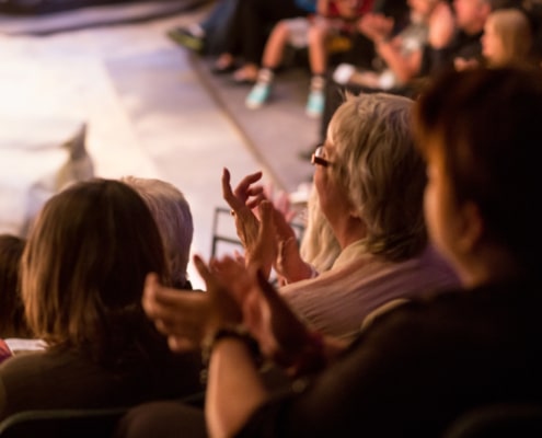 Audience clapping with performer on stage