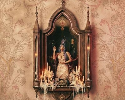 Ornate artwork showing a central framed niche with a crowned, seated figure surrounded by lit candles, set against a decorative beige patterned background.