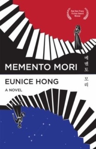 Graphic book cover with bold black‑and‑white stair‑step shapes on red and blue backgrounds, a small cloaked figure, and the title ‘Memento Mori’ by Eunice Hong.