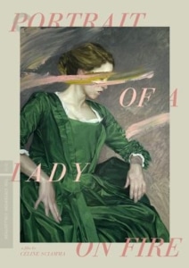 Painted figure seated in a green dress against a textured background, partially obscured by brushstrokes, with the title ‘Portrait of a Lady on Fire’ in pale pink text.