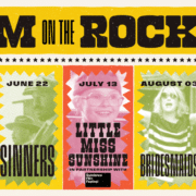 ilm on the Rocks' poster listing 2026 outdoor movie dates: June 8 Princess Bride, June 22 Clueless, July 13 Little Miss Sunshine, August 3 Bridesmaids, and August 10 Jurassic Park, presented by Coca-Cola.