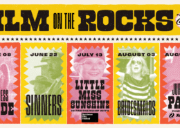 ilm on the Rocks' poster listing 2026 outdoor movie dates: June 8 Princess Bride, June 22 Clueless, July 13 Little Miss Sunshine, August 3 Bridesmaids, and August 10 Jurassic Park, presented by Coca-Cola.