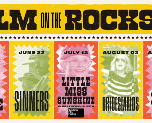 ilm on the Rocks' poster listing 2026 outdoor movie dates: June 8 Princess Bride, June 22 Clueless, July 13 Little Miss Sunshine, August 3 Bridesmaids, and August 10 Jurassic Park, presented by Coca-Cola.