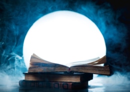 An open book of spells in full Moon. Reader imagination and writing inspiration concept with copy space
