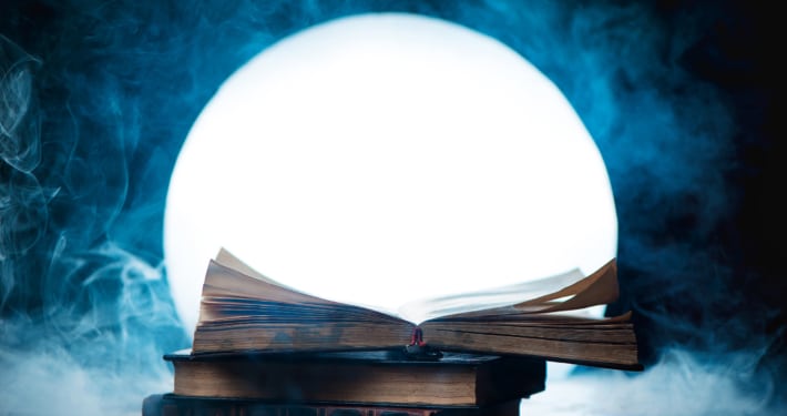 An open book of spells in full Moon. Reader imagination and writing inspiration concept with copy space