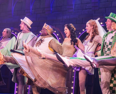 Cast members in colorful medieval costumes perform a high-kicking line dance on a stage set resembling a castle wall, with bright purple and pink theatrical lighting.