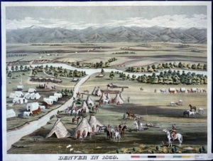 Color historical illustration showing an early Denver settlement with tents, wagons, horses, and groups of people spread across a broad plain. A river winds through the landscape, with mountains visible in the distance. The caption reads “Denver in 1859.”
