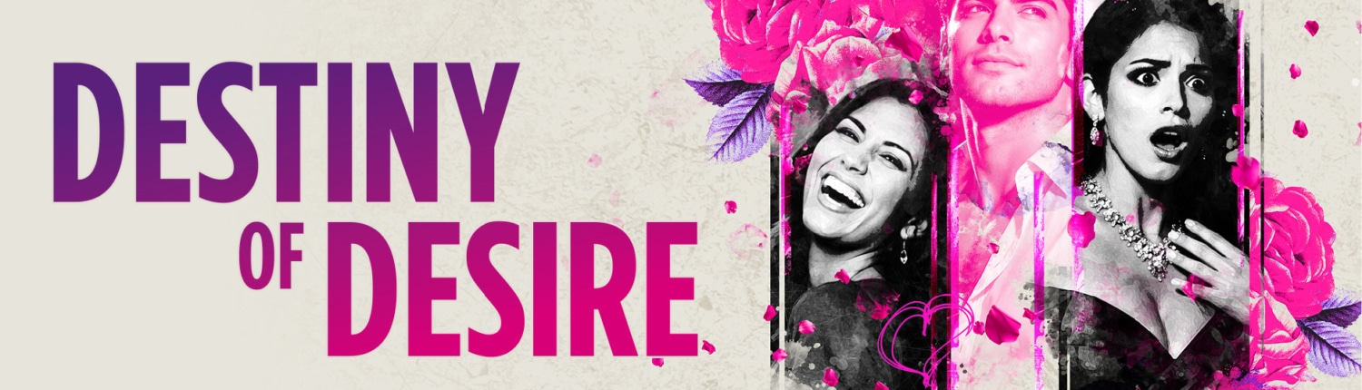 Promotional artwork for Destiny of Desire featuring the title in purple and pink lettering alongside a collage of three black-and-white portrait images accented with vivid pink flowers and scattered flower petals. The composition uses bright magenta and purple tones against a textured light background.