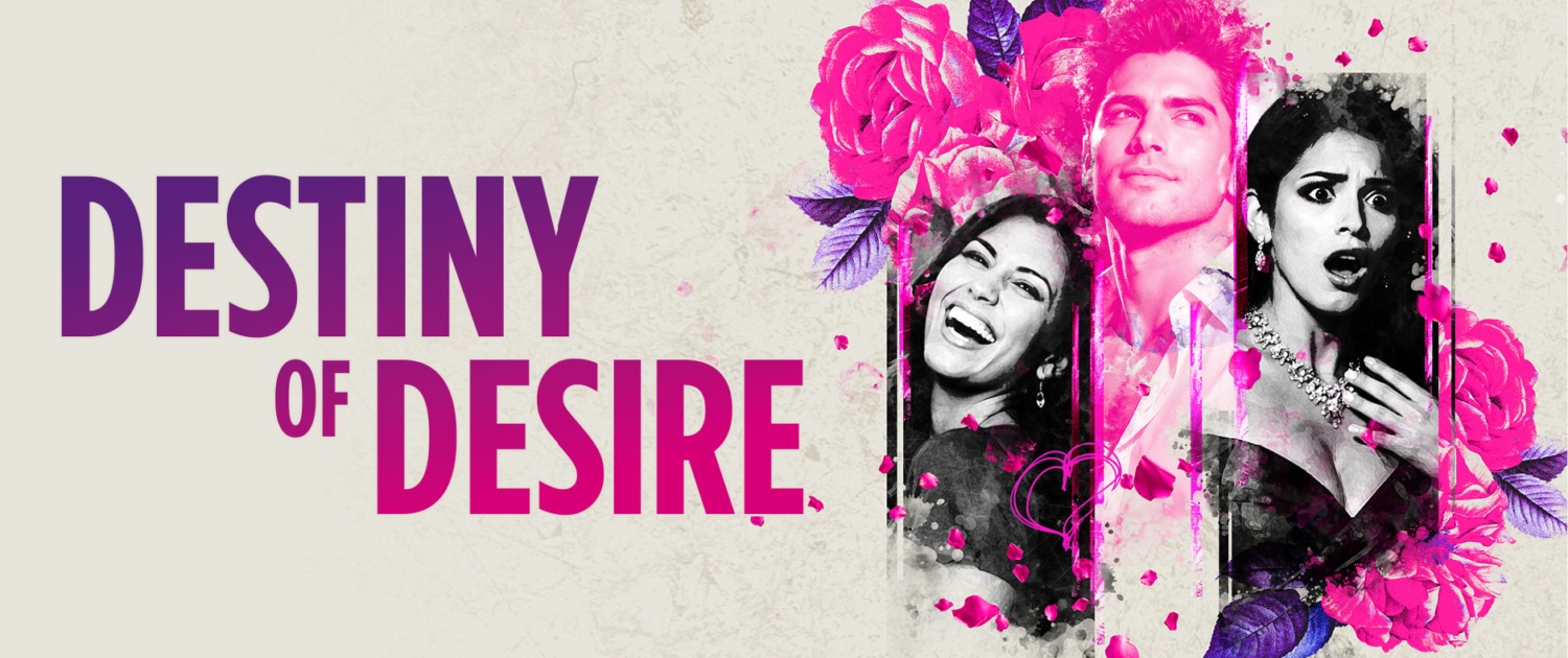 Promotional artwork for Destiny of Desire featuring the title in purple and pink lettering alongside a collage of three black-and-white portrait images accented with vivid pink flowers and scattered flower petals. The composition uses bright magenta and purple tones against a textured light background.