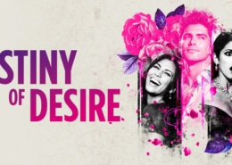 Promotional artwork for Destiny of Desire featuring the title in purple and pink lettering alongside a collage of three black-and-white portrait images accented with vivid pink flowers and scattered flower petals. The composition uses bright magenta and purple tones against a textured light background.