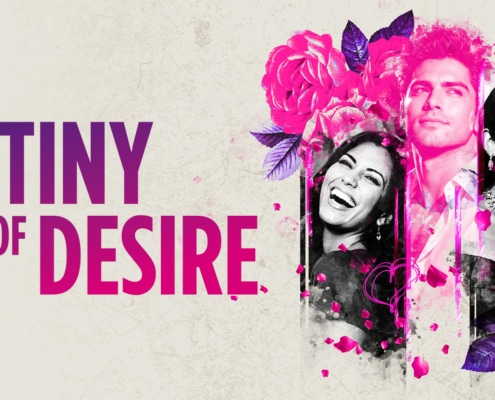 Promotional artwork for Destiny of Desire featuring the title in purple and pink lettering alongside a collage of three black-and-white portrait images accented with vivid pink flowers and scattered flower petals. The composition uses bright magenta and purple tones against a textured light background.