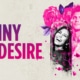 Promotional artwork for Destiny of Desire featuring the title in purple and pink lettering alongside a collage of three black-and-white portrait images accented with vivid pink flowers and scattered flower petals. The composition uses bright magenta and purple tones against a textured light background.