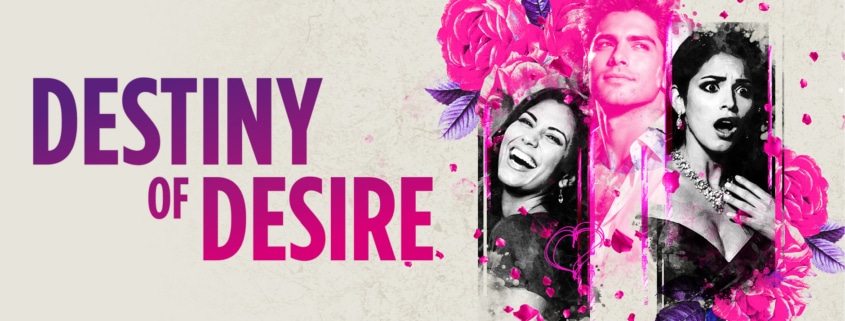Promotional artwork for Destiny of Desire featuring the title in purple and pink lettering alongside a collage of three black-and-white portrait images accented with vivid pink flowers and scattered flower petals. The composition uses bright magenta and purple tones against a textured light background.
